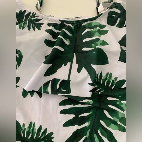White Strapless Ruffled Bathing Suit Tempt Me Green Floral Women’s size Large - Picture 3 of 13